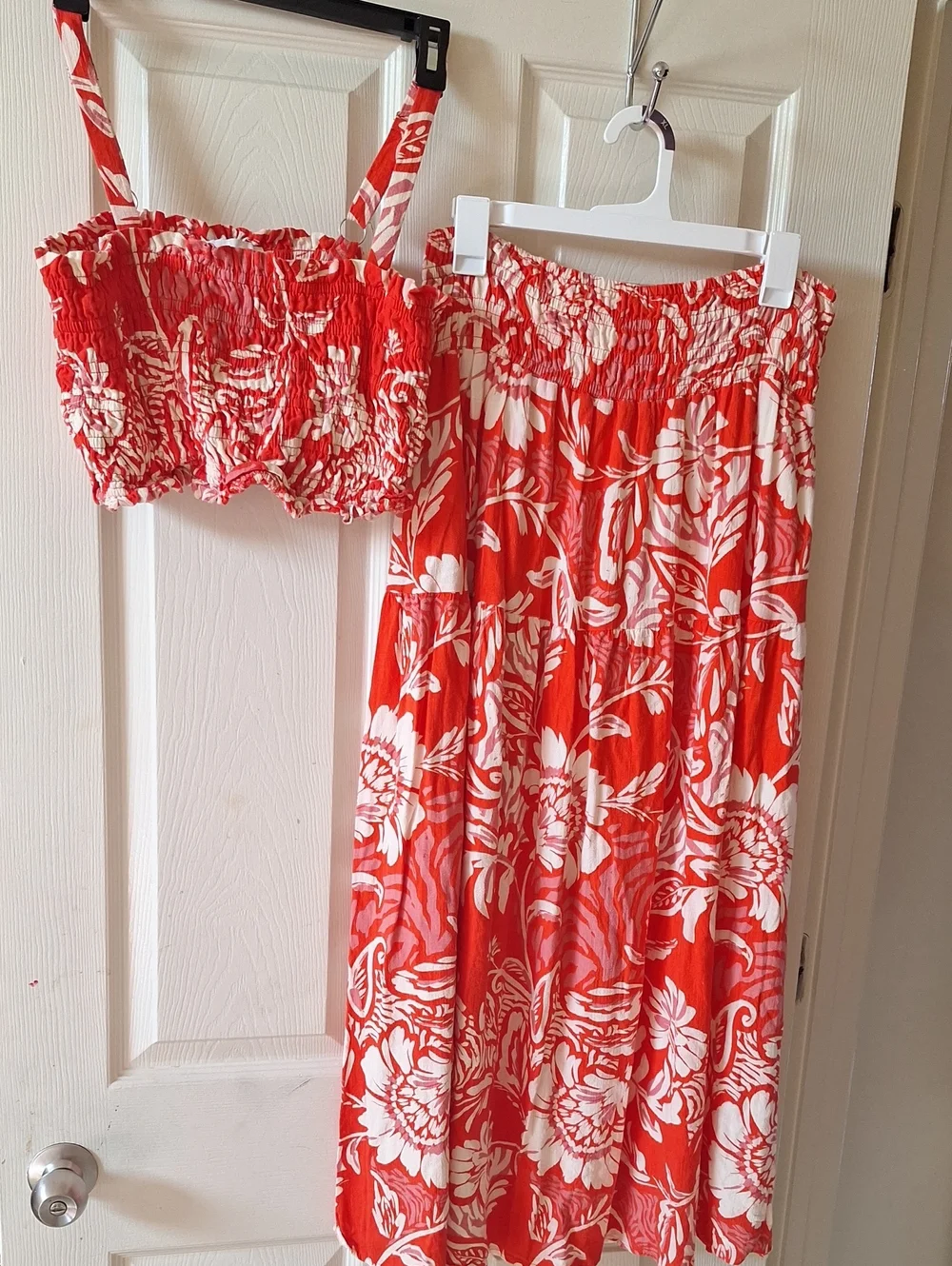 Red Floral Smocked Midi Skirt - Women's Beachy Midi